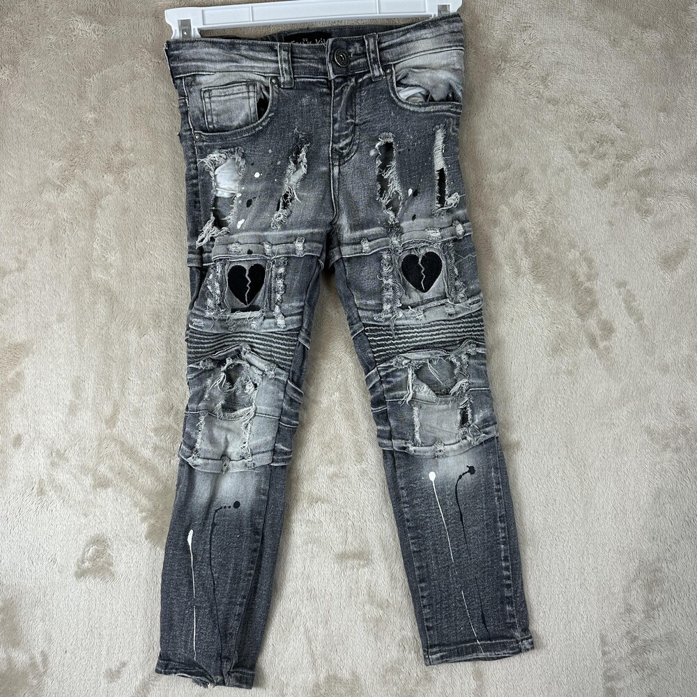 Focus Kids Jeans Boys Size 5 Gray Distressed Moto Broken Heart Patch Denim